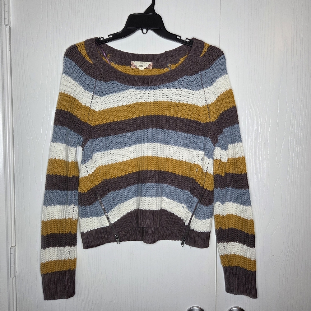 Pink Rose Cream & Navy Stripe Crewneck Sweater Cozy Knit Pullover Preppy L